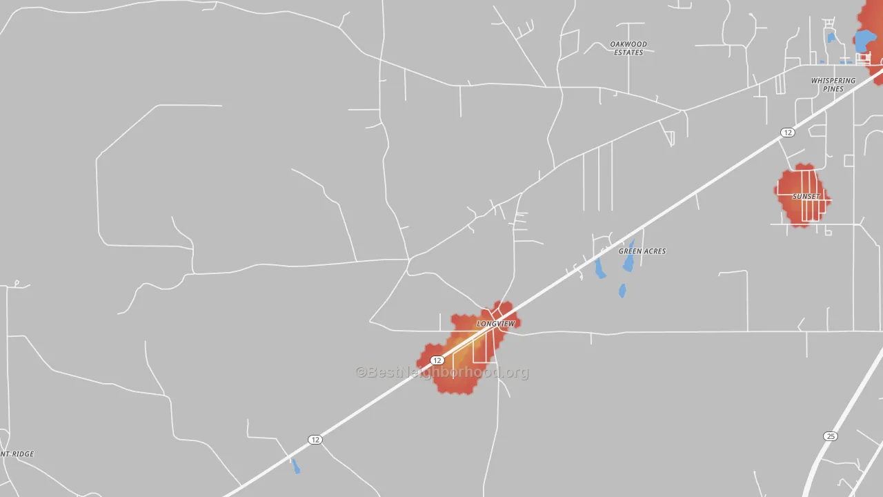 Walk Grade map of Longview, MS, walkable areas in green and car-dependent areas in red