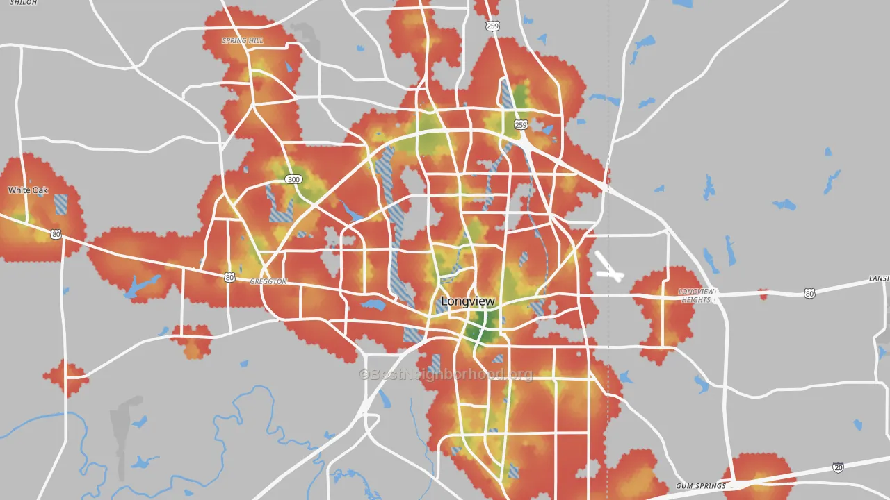Walk Grade map of Longview, TX, walkable areas in green and car-dependent areas in red