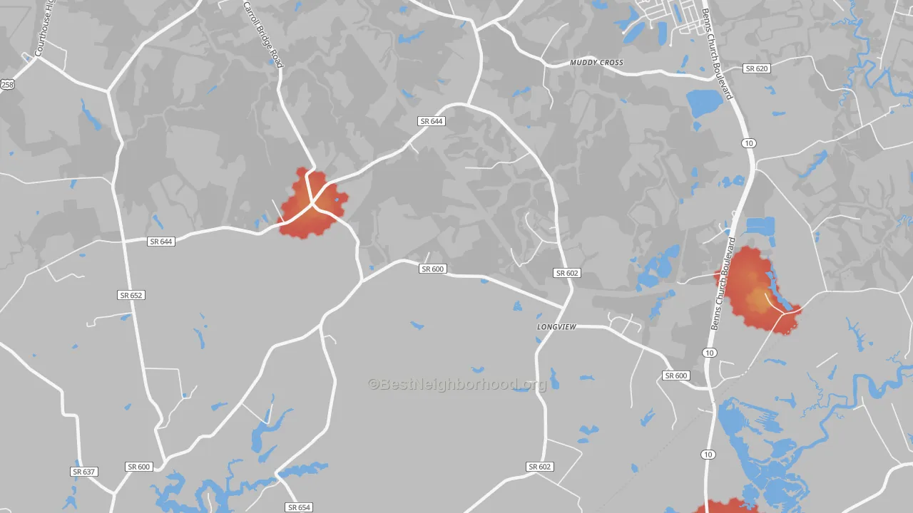 Walk Grade map of Longview, VA, walkable areas in green and car-dependent areas in red