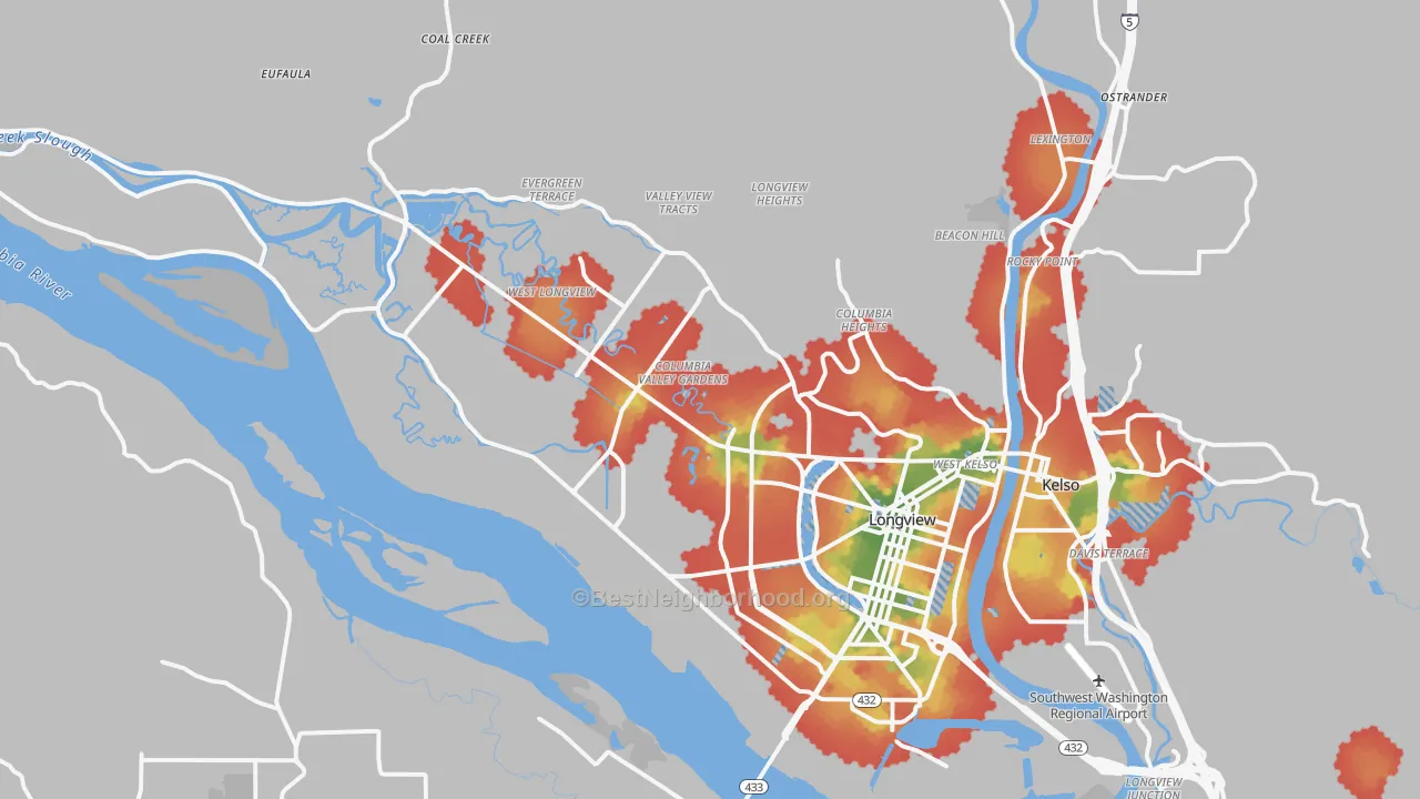 Walk Grade map of Longview, WA, walkable areas in green and car-dependent areas in red