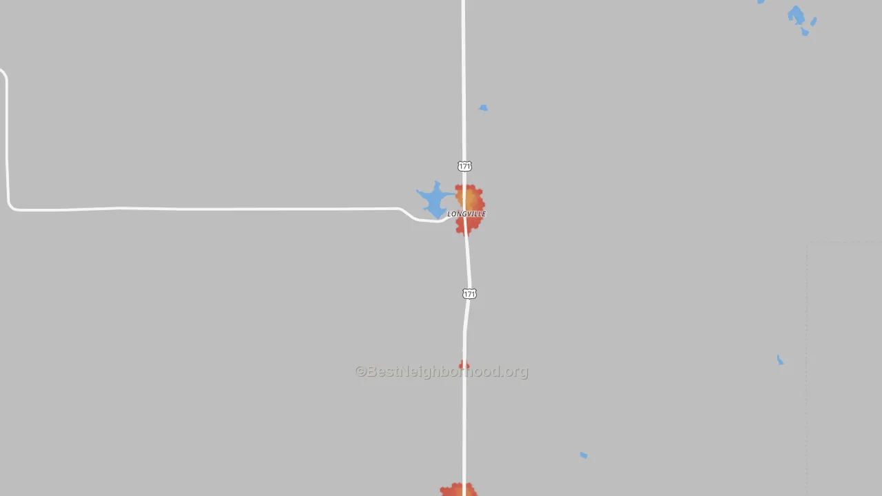 Walk Grade map of Longville, LA, walkable areas in green and car-dependent areas in red