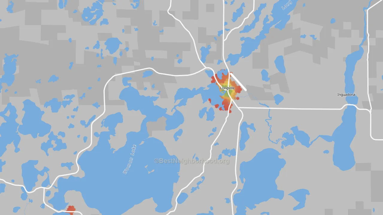 Walk Grade map of Longville, MN, walkable areas in green and car-dependent areas in red