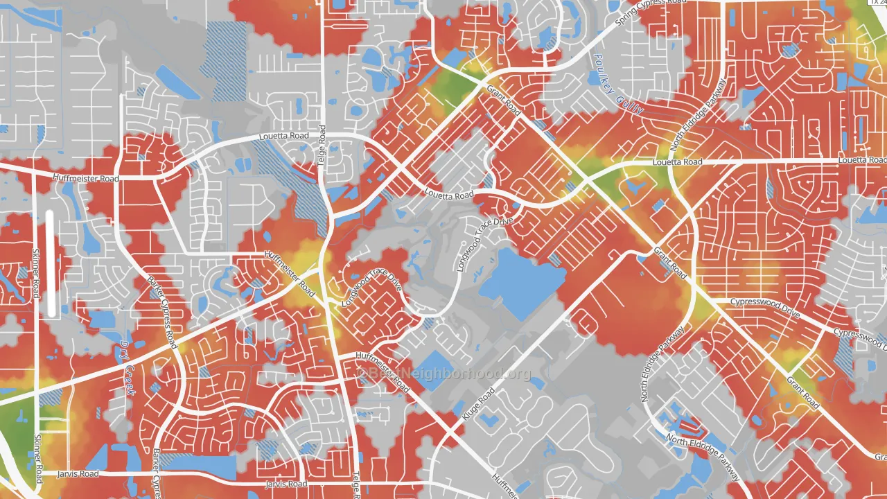 Walk Grade map of Longwood, Cypress, TX, walkable areas in green and car-dependent areas in red
