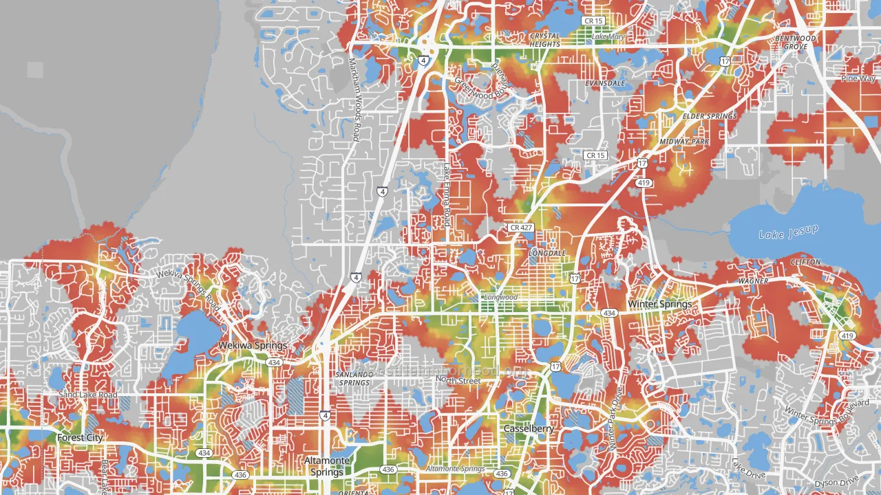 Walk Grade map of Longwood, FL, walkable areas in green and car-dependent areas in red