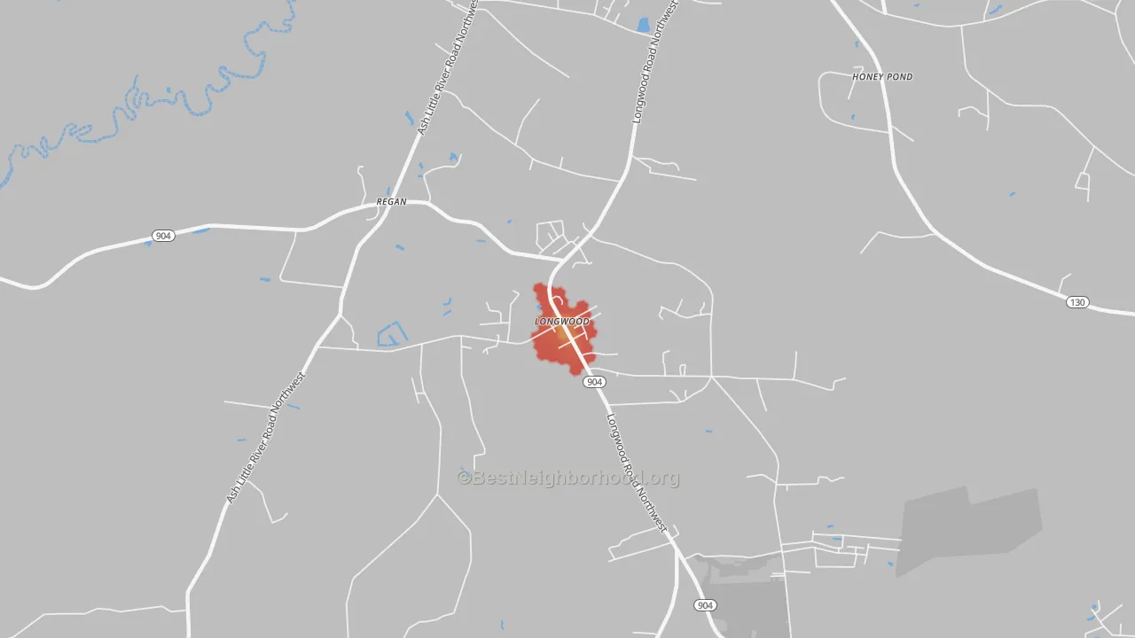 Walk Grade map of Longwood, NC, walkable areas in green and car-dependent areas in red