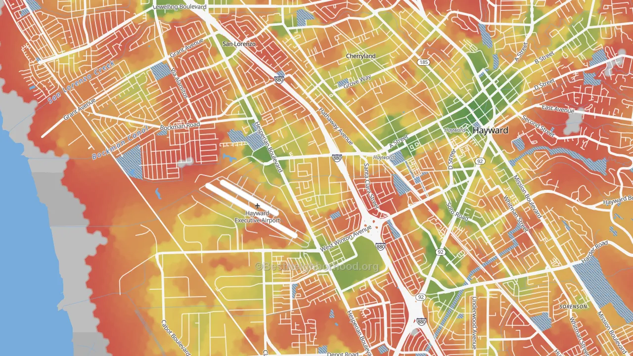 Walk Grade map of Longwood-Winton Grove, Hayward, CA, walkable areas in green and car-dependent areas in red