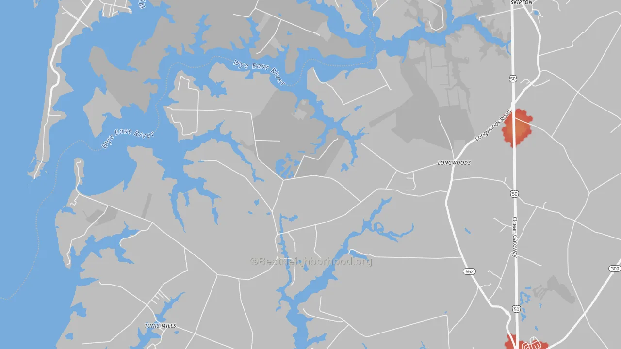 Walk Grade map of Longwoods, MD, walkable areas in green and car-dependent areas in red