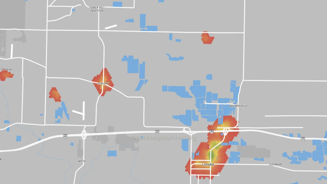 Walk Grade map of Lonoke, AR, walkable areas in green and car-dependent areas in red