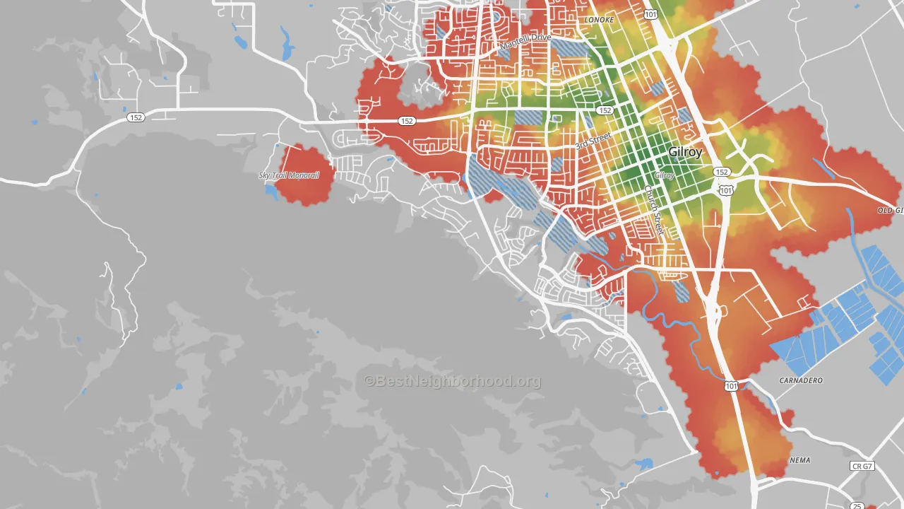 Walk Grade map of Lonoke, CA, walkable areas in green and car-dependent areas in red