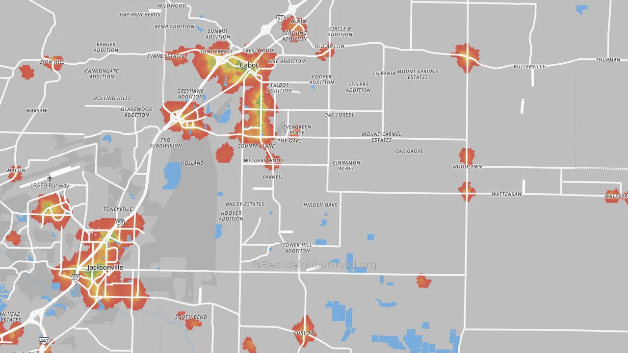 Walk Grade map of Lonoke County, AR, walkable areas in green and car-dependent areas in red