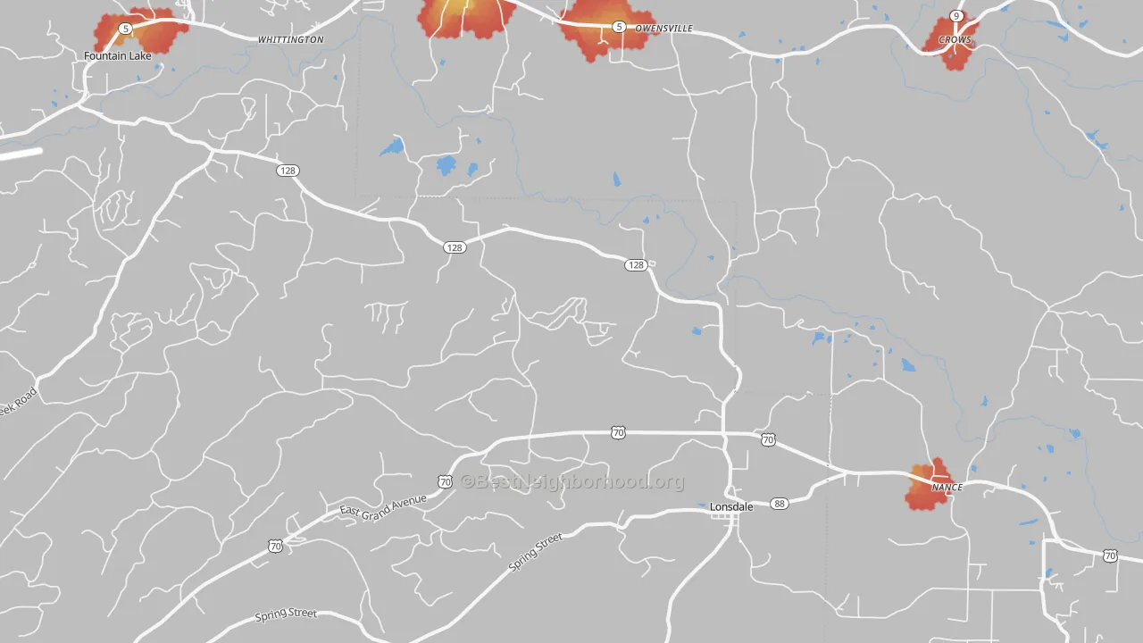 Walk Grade map of Lonsdale, AR, walkable areas in green and car-dependent areas in red