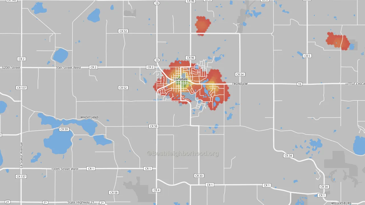 Walk Grade map of Lonsdale, MN, walkable areas in green and car-dependent areas in red