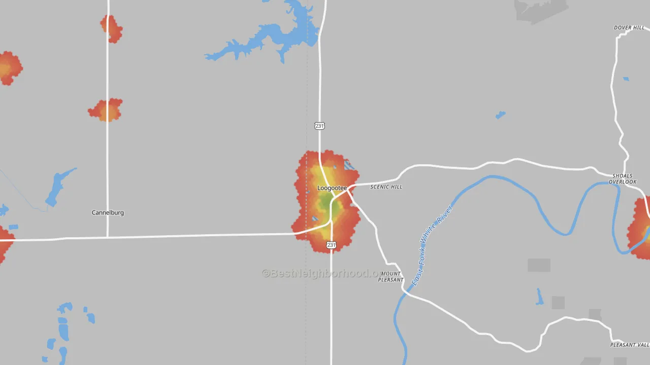 Walk Grade map of Loogootee, IN, walkable areas in green and car-dependent areas in red