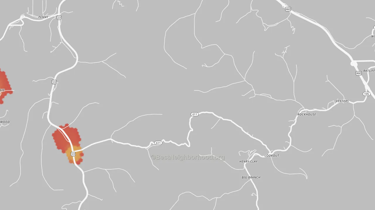Walk Grade map of Lookout, KY, walkable areas in green and car-dependent areas in red