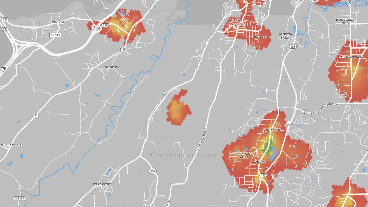 Walk Grade map of Lookout Mountain, GA, walkable areas in green and car-dependent areas in red
