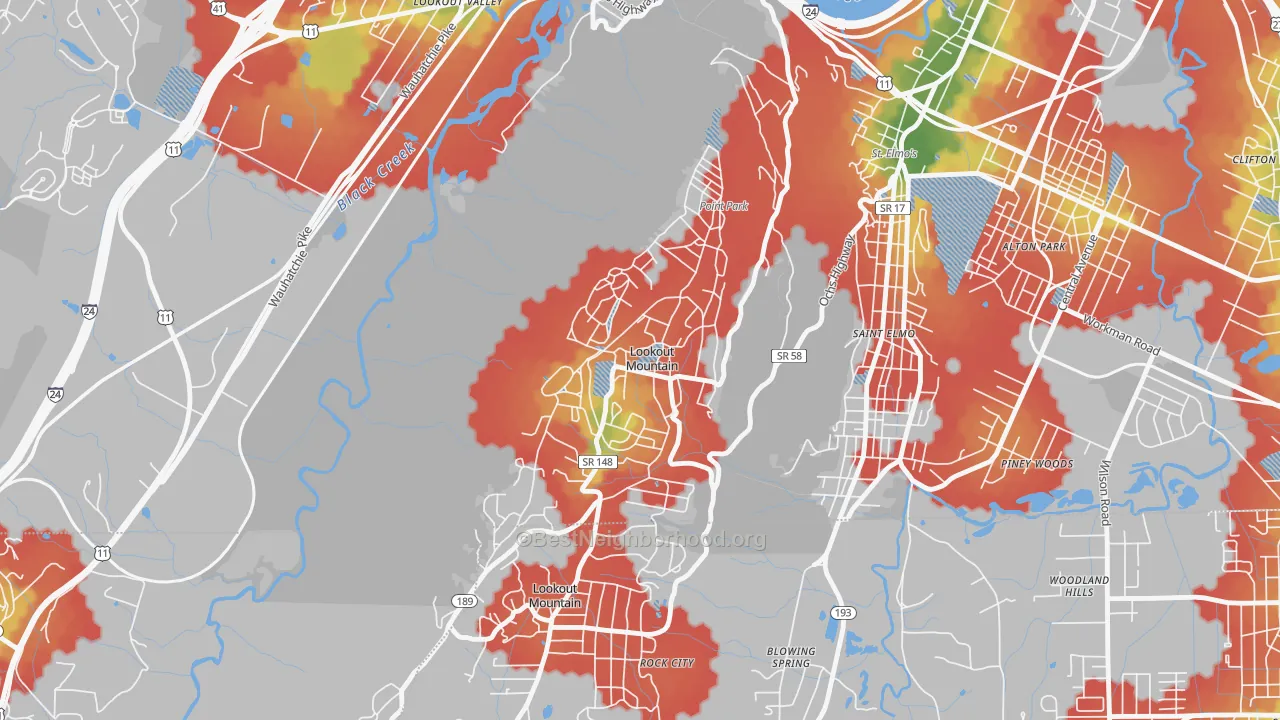 Walk Grade map of Lookout Mountain, TN, walkable areas in green and car-dependent areas in red