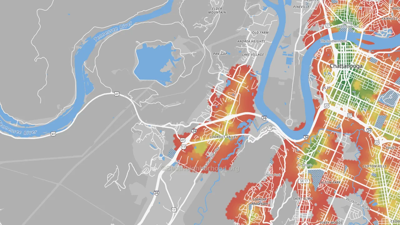 Walk Grade map of Lookout Valley, Chattanooga, TN, walkable areas in green and car-dependent areas in red