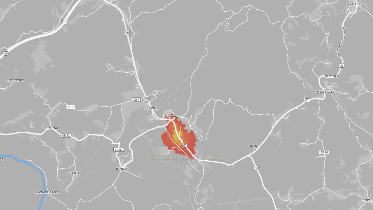 Walk Grade map of Lookout, WV, walkable areas in green and car-dependent areas in red