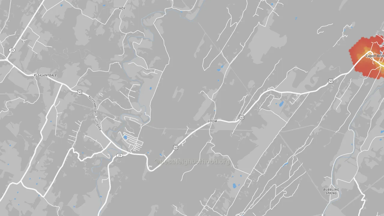 Walk Grade map of Loom, WV, walkable areas in green and car-dependent areas in red