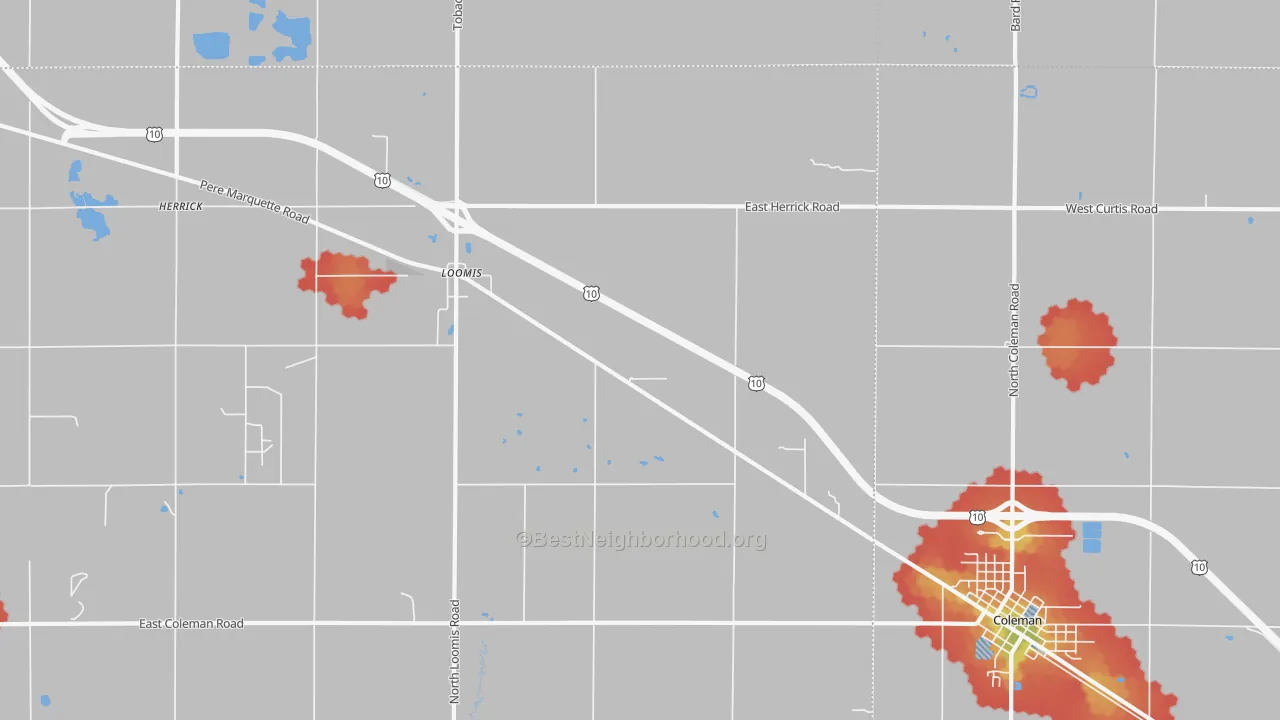 Walk Grade map of Loomis, MI, walkable areas in green and car-dependent areas in red