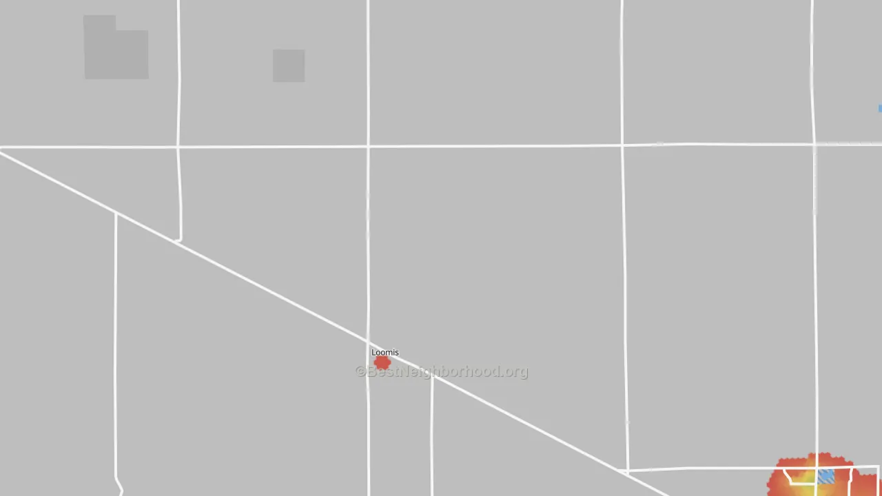 Walk Grade map of Loomis, NE, walkable areas in green and car-dependent areas in red