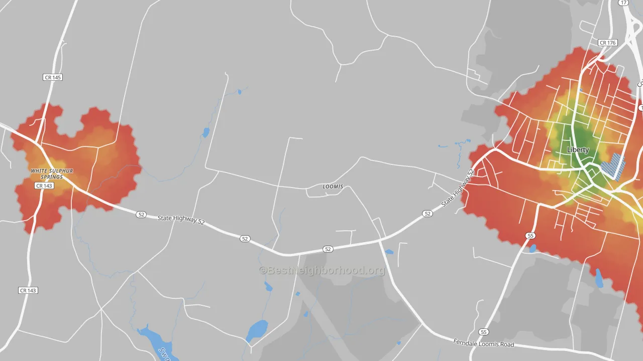 Walk Grade map of Loomis, NY, walkable areas in green and car-dependent areas in red
