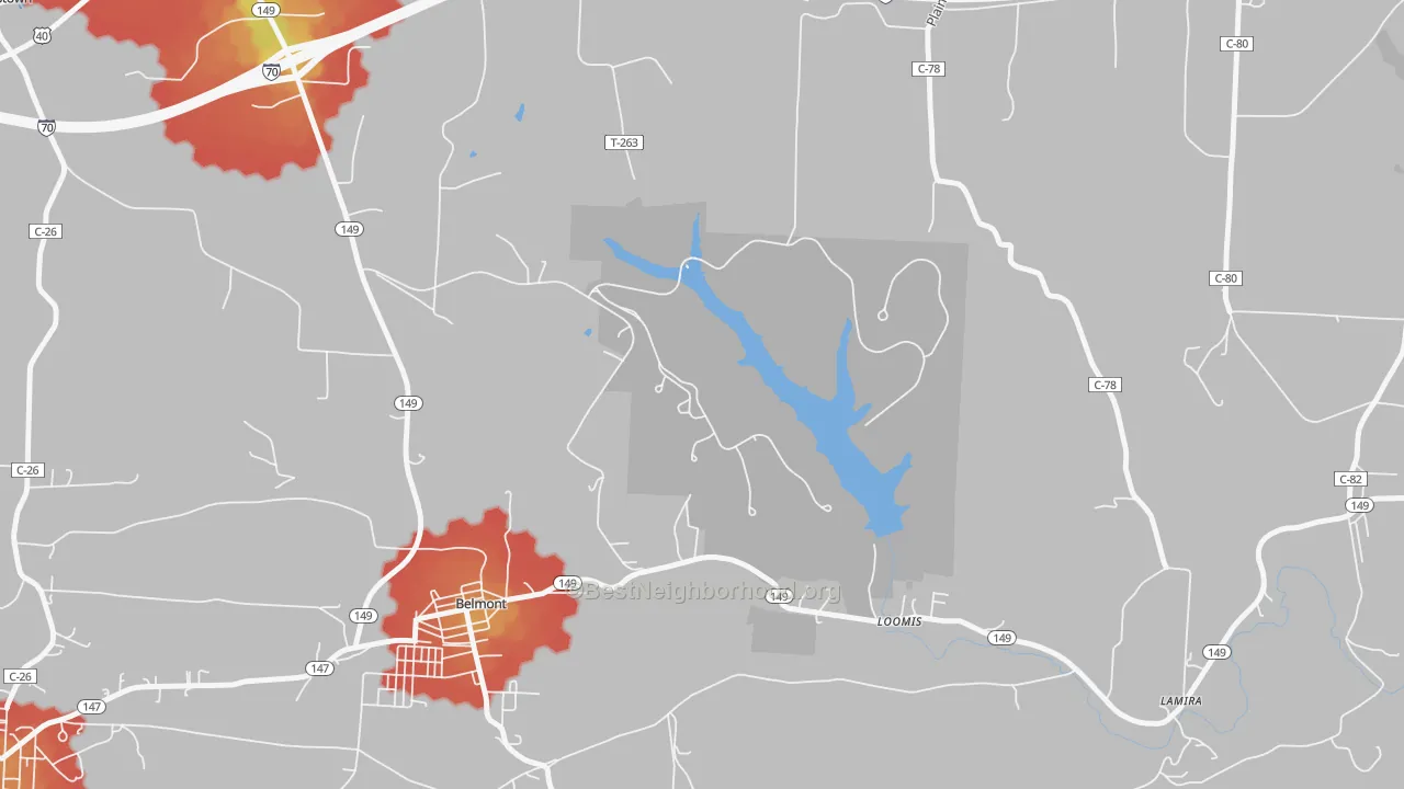 Walk Grade map of Loomis, OH, walkable areas in green and car-dependent areas in red