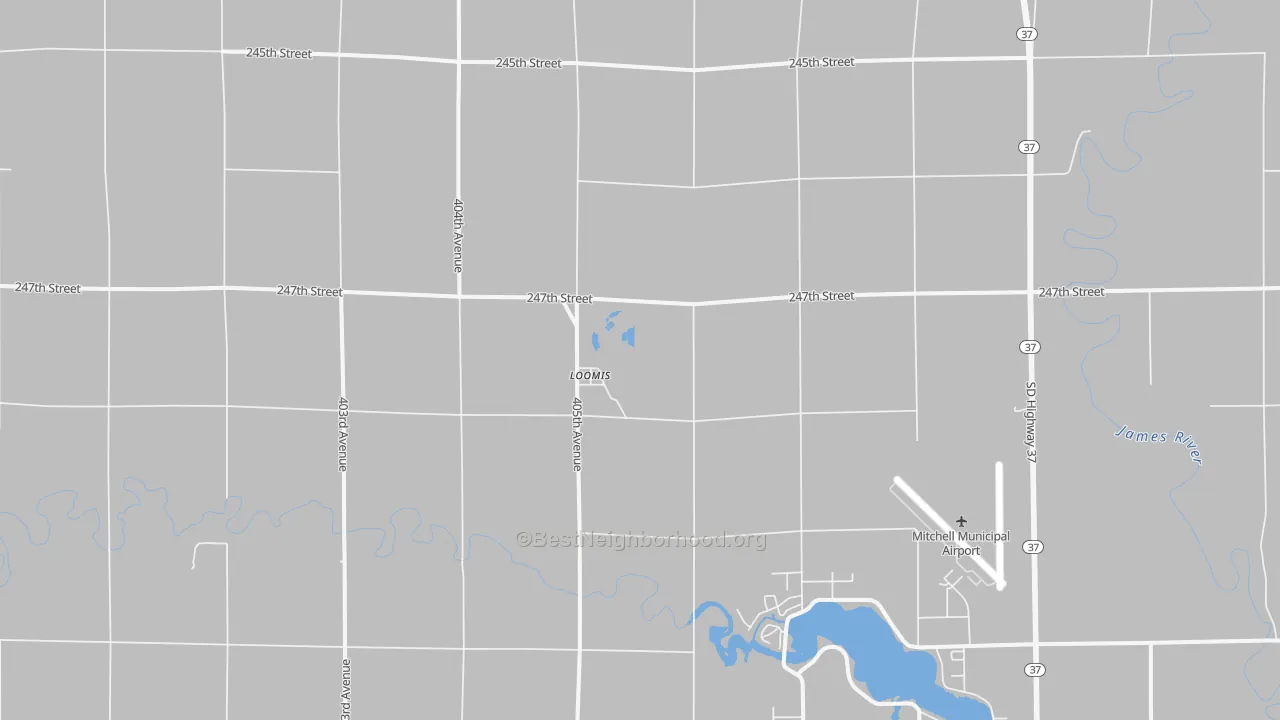 Walk Grade map of Loomis, SD, walkable areas in green and car-dependent areas in red