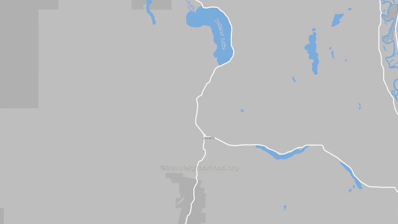 Walk Grade map of Loomis, WA, walkable areas in green and car-dependent areas in red