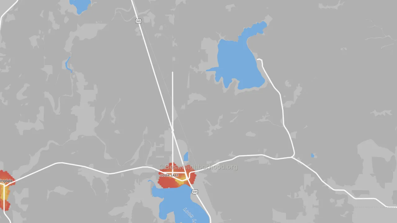 Walk Grade map of Loon Lake, WA, walkable areas in green and car-dependent areas in red