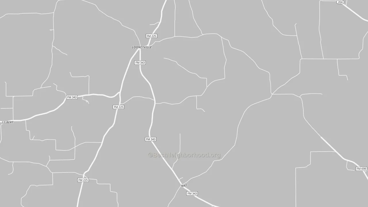 Walk Grade map of Looneyville, TX, walkable areas in green and car-dependent areas in red