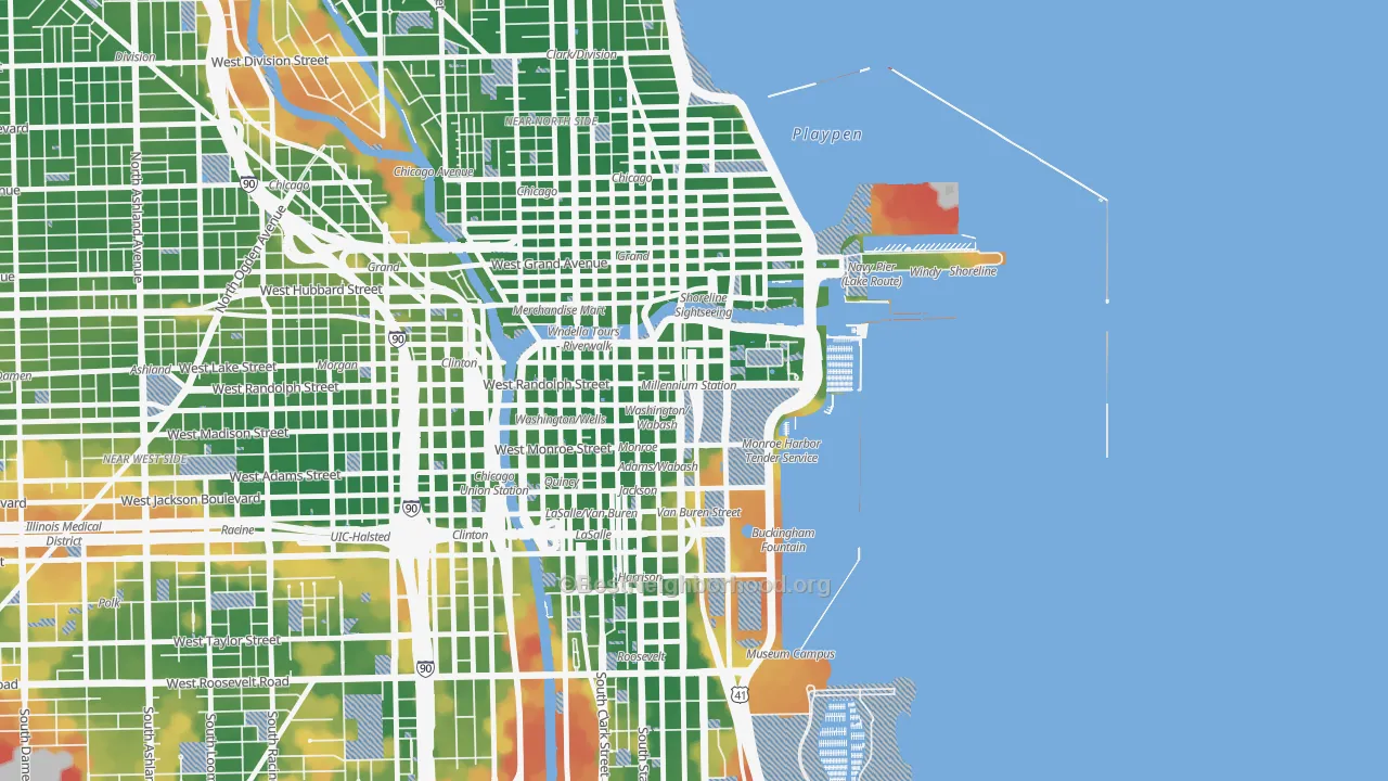 Walk Grade map of Loop, Chicago, IL, walkable areas in green and car-dependent areas in red