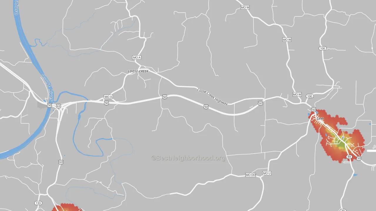 Walk Grade map of Loose Creek, MO, walkable areas in green and car-dependent areas in red