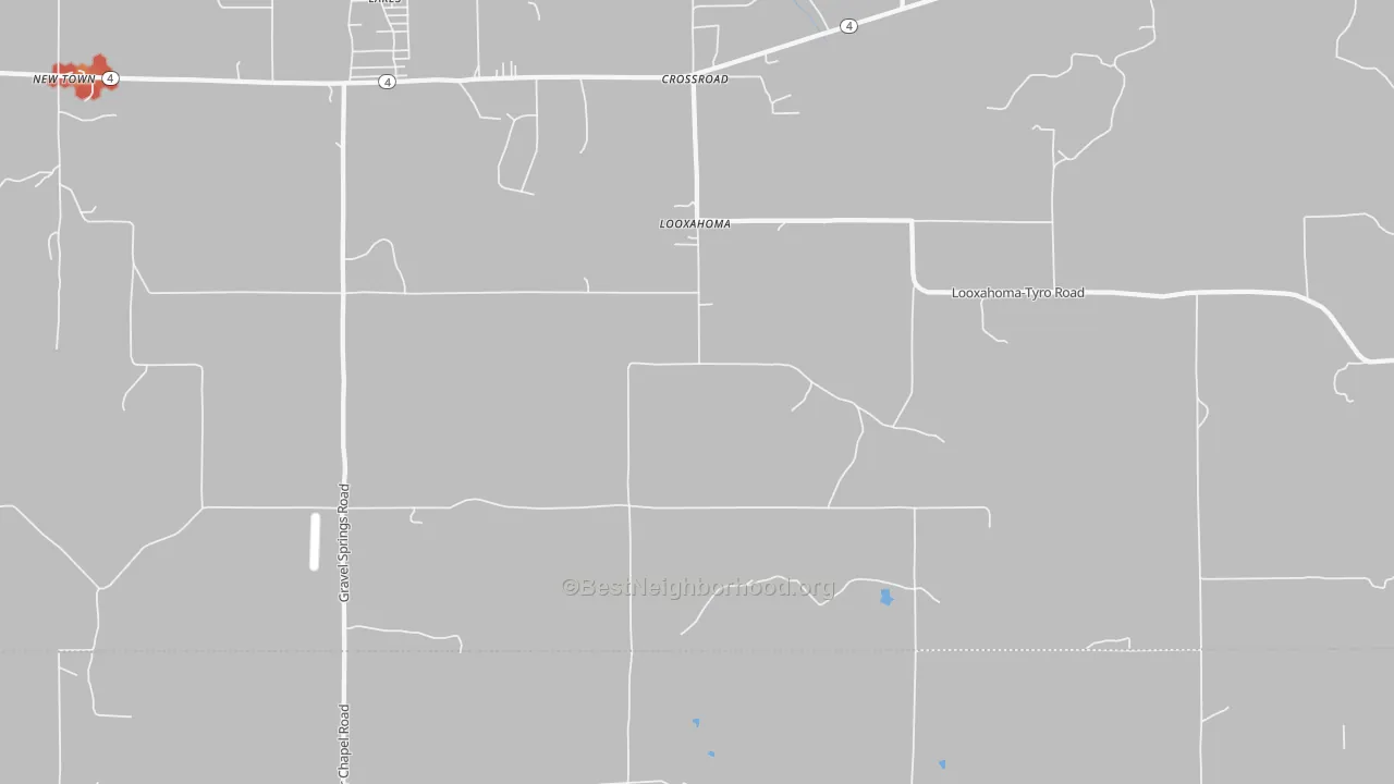 Walk Grade map of Looxahoma, MS, walkable areas in green and car-dependent areas in red