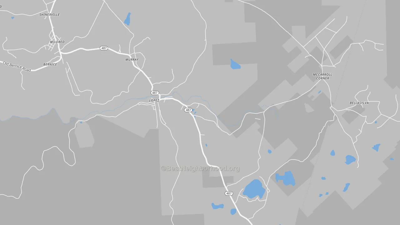 Walk Grade map of Lopez, PA, walkable areas in green and car-dependent areas in red
