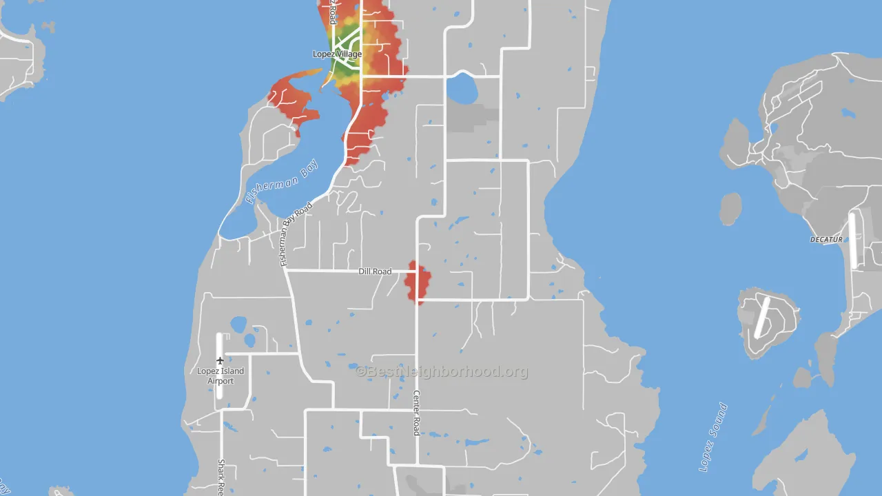 Walk Grade map of Lopez, WA, walkable areas in green and car-dependent areas in red