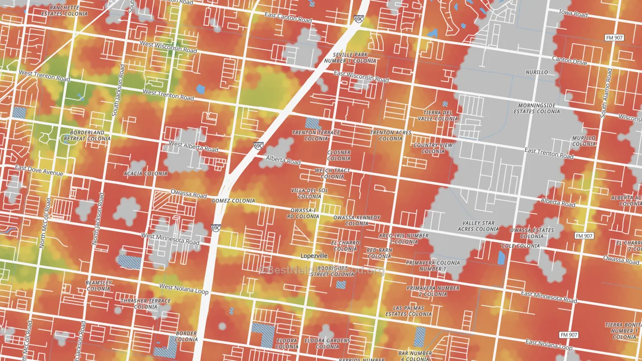 Walk Grade map of Lopezville, TX, walkable areas in green and car-dependent areas in red