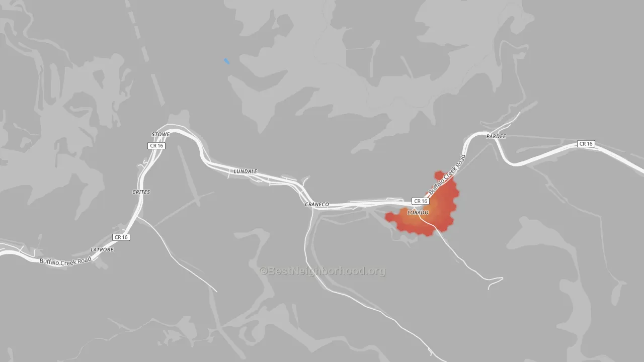 Walk Grade map of Lorado, WV, walkable areas in green and car-dependent areas in red