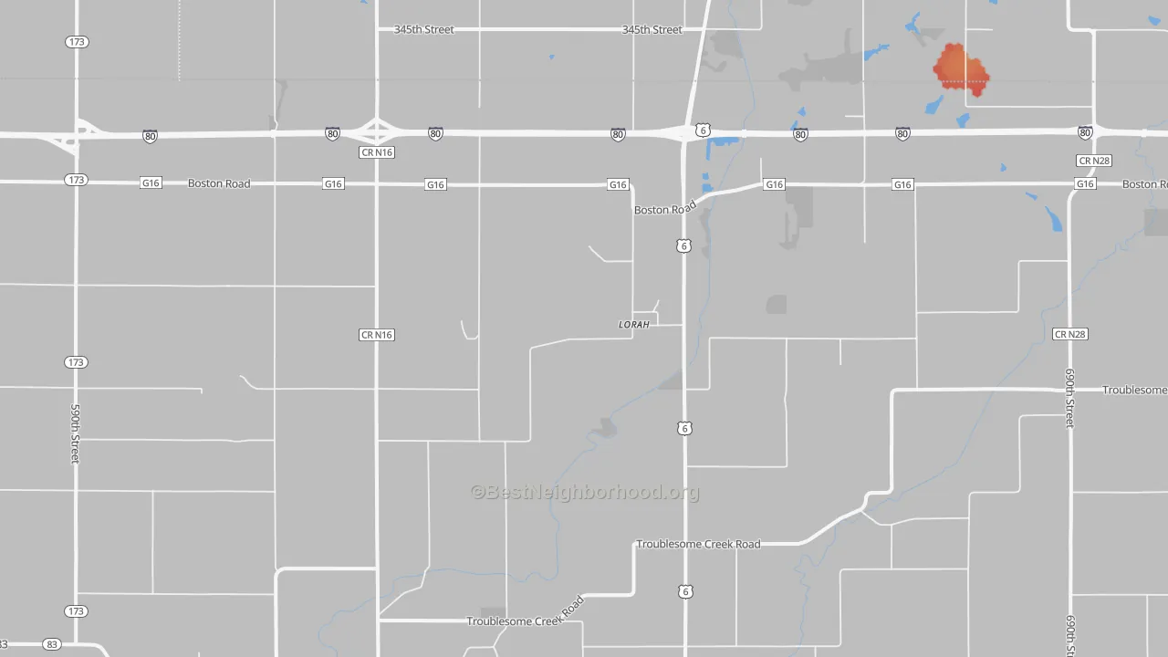 Walk Grade map of Lorah, IA, walkable areas in green and car-dependent areas in red