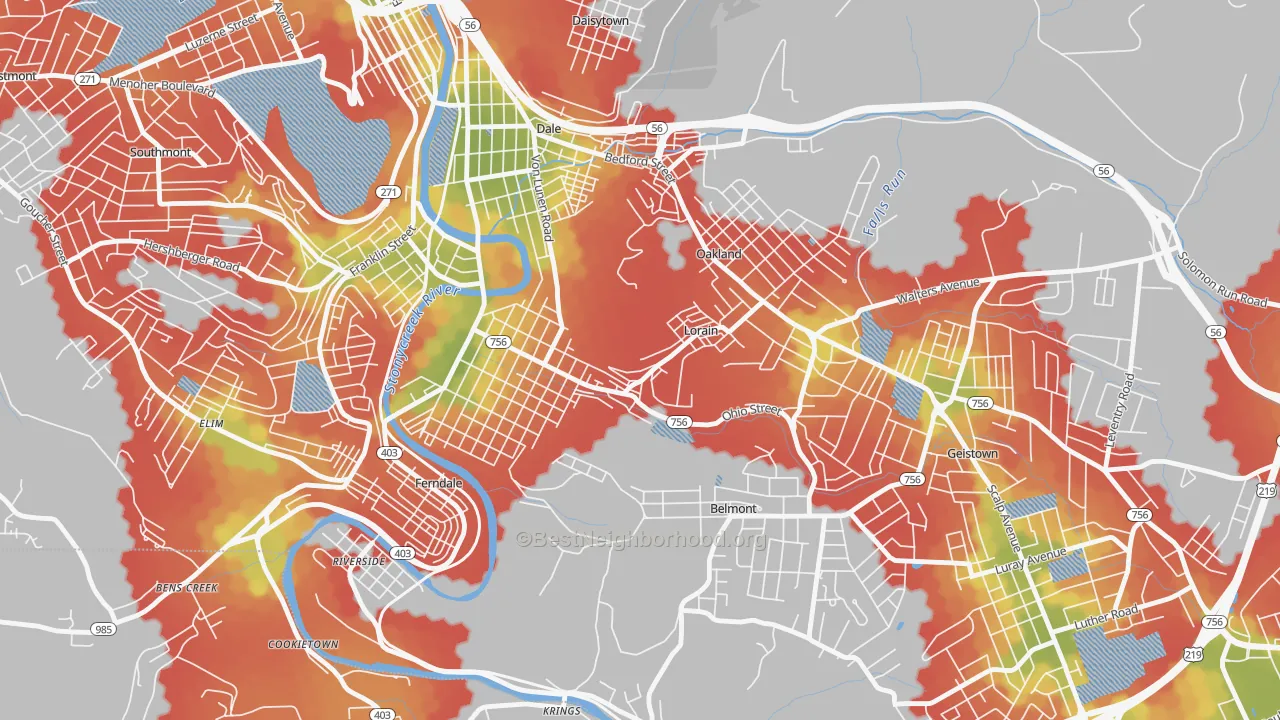 Walk Grade map of Lorain, PA, walkable areas in green and car-dependent areas in red