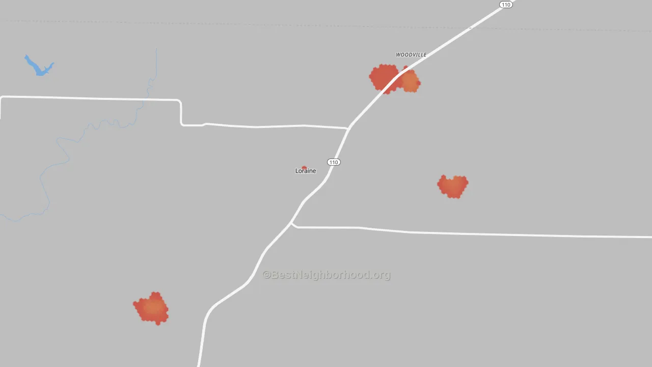 Walk Grade map of Loraine, IL, walkable areas in green and car-dependent areas in red