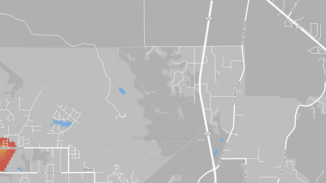 Walk Grade map of Loraine, MS, walkable areas in green and car-dependent areas in red