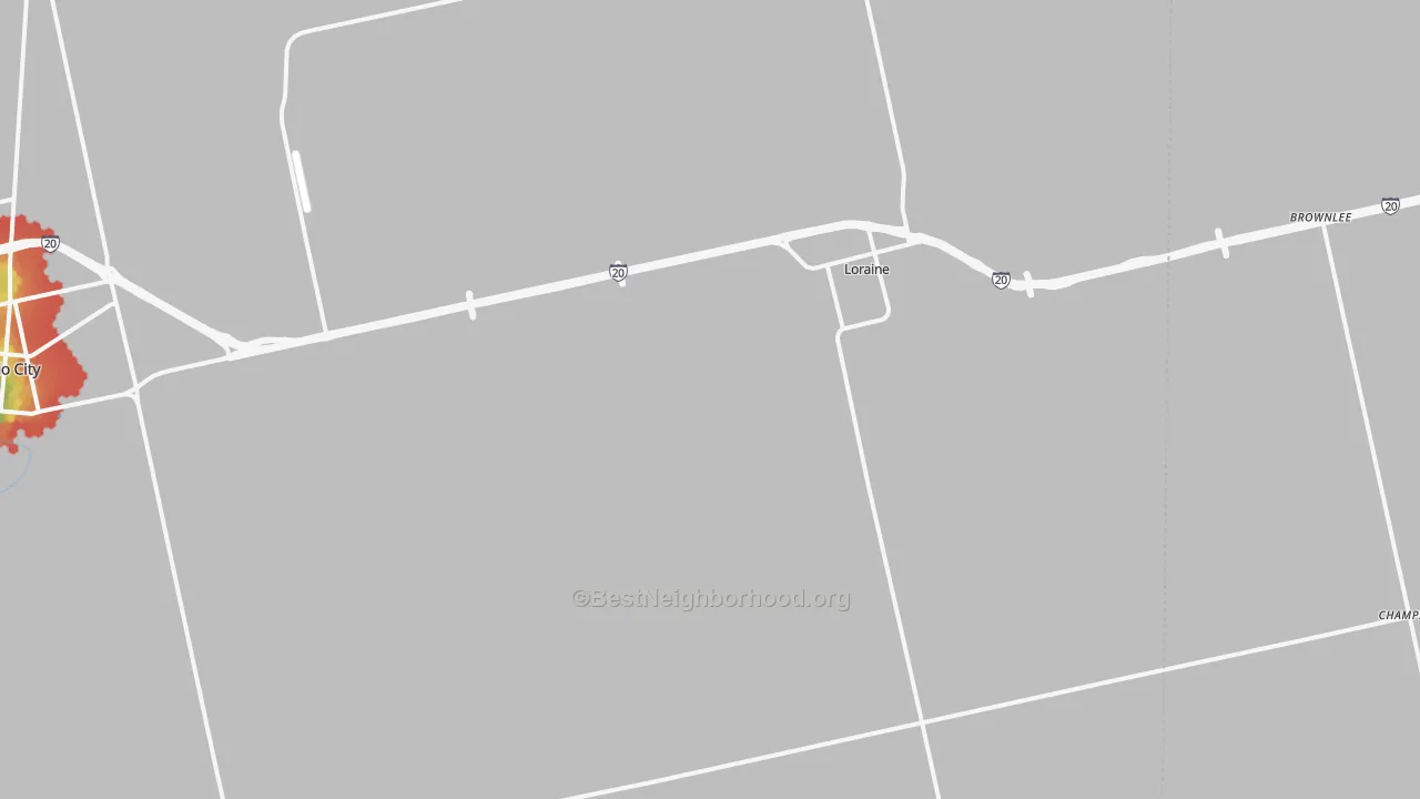 Walk Grade map of Loraine, TX, walkable areas in green and car-dependent areas in red