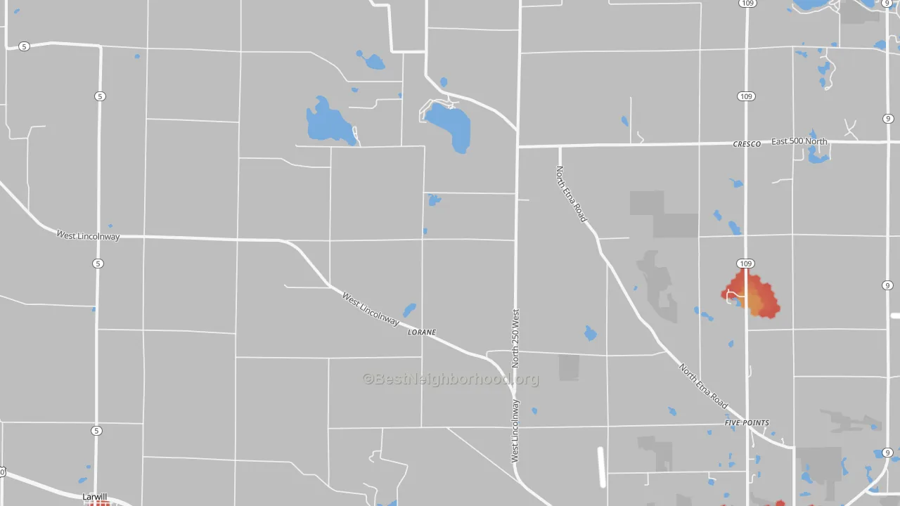 Walk Grade map of Lorane, IN, walkable areas in green and car-dependent areas in red