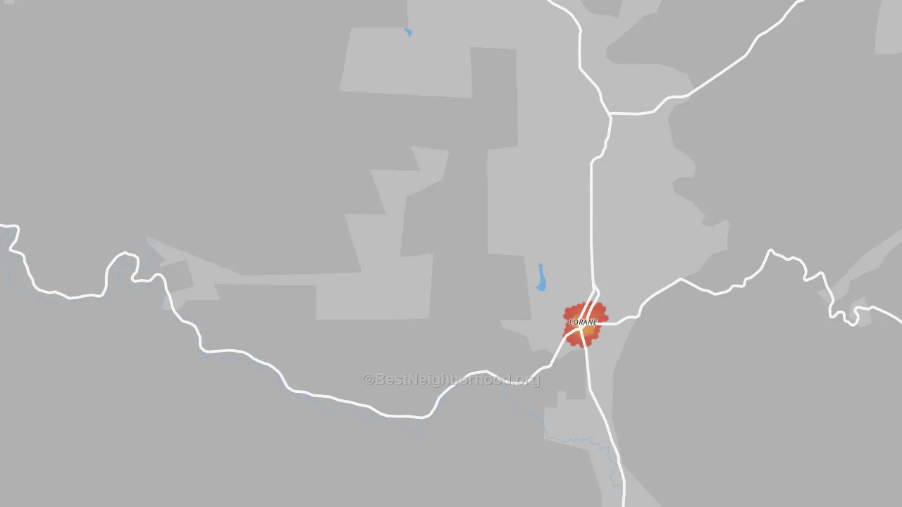 Walk Grade map of Lorane, OR, walkable areas in green and car-dependent areas in red