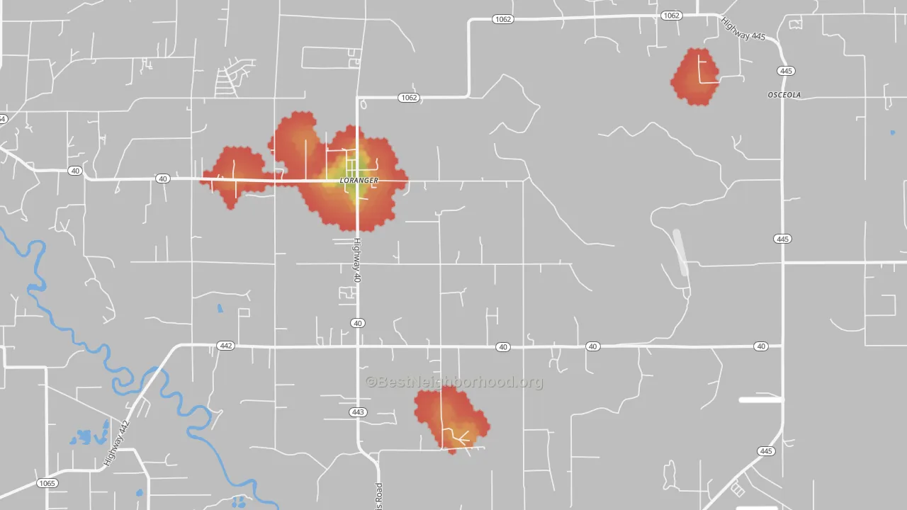 Walk Grade map of Loranger, LA, walkable areas in green and car-dependent areas in red