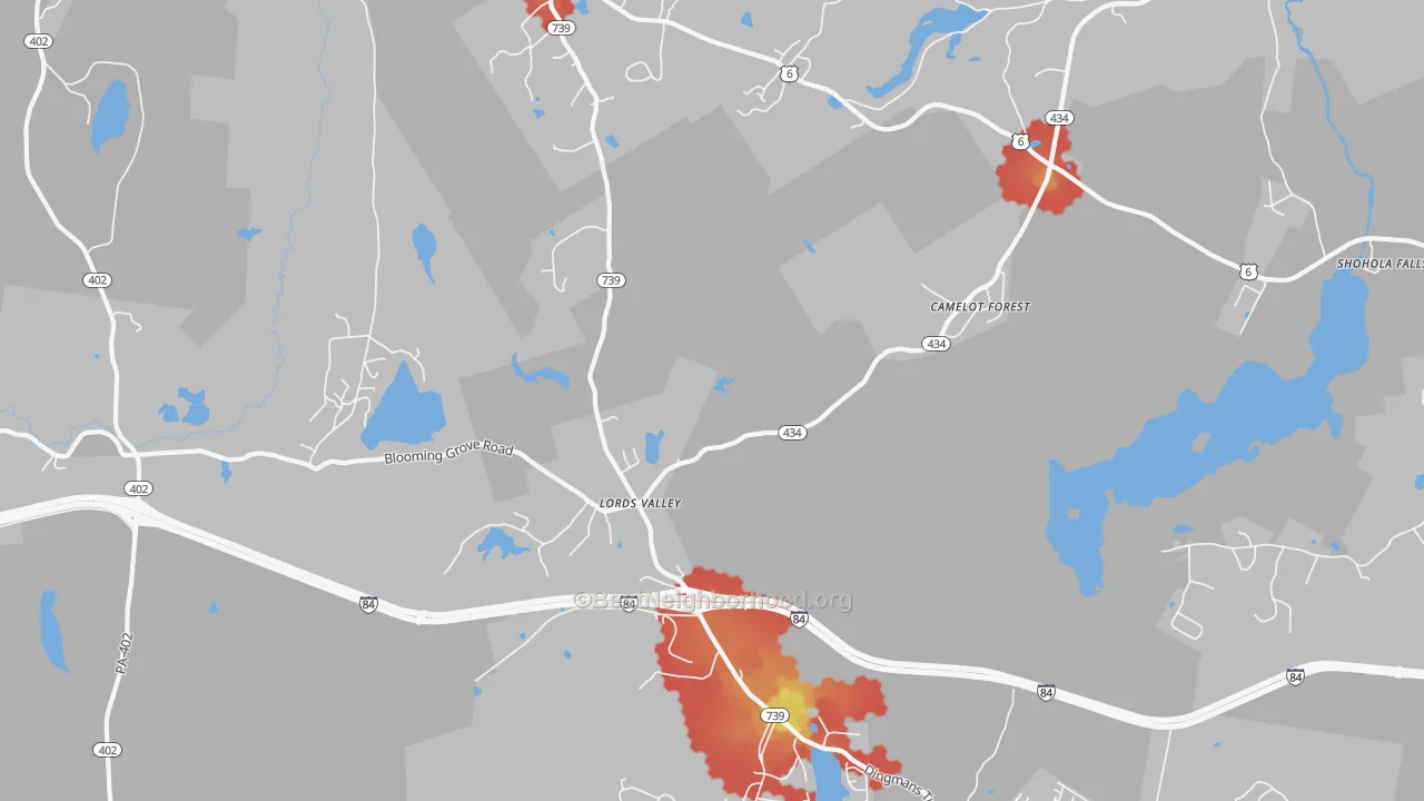 Walk Grade map of Lords Valley, PA, walkable areas in green and car-dependent areas in red