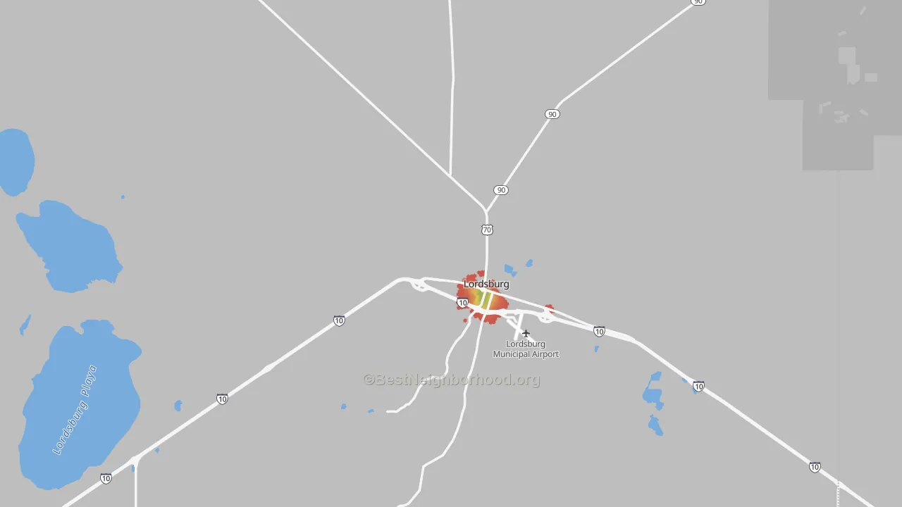 Walk Grade map of Lordsburg, NM, walkable areas in green and car-dependent areas in red