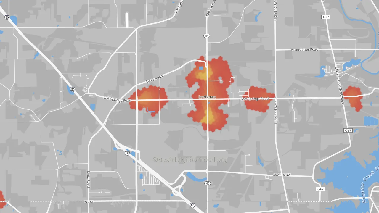 Walk Grade map of Lordstown, OH, walkable areas in green and car-dependent areas in red