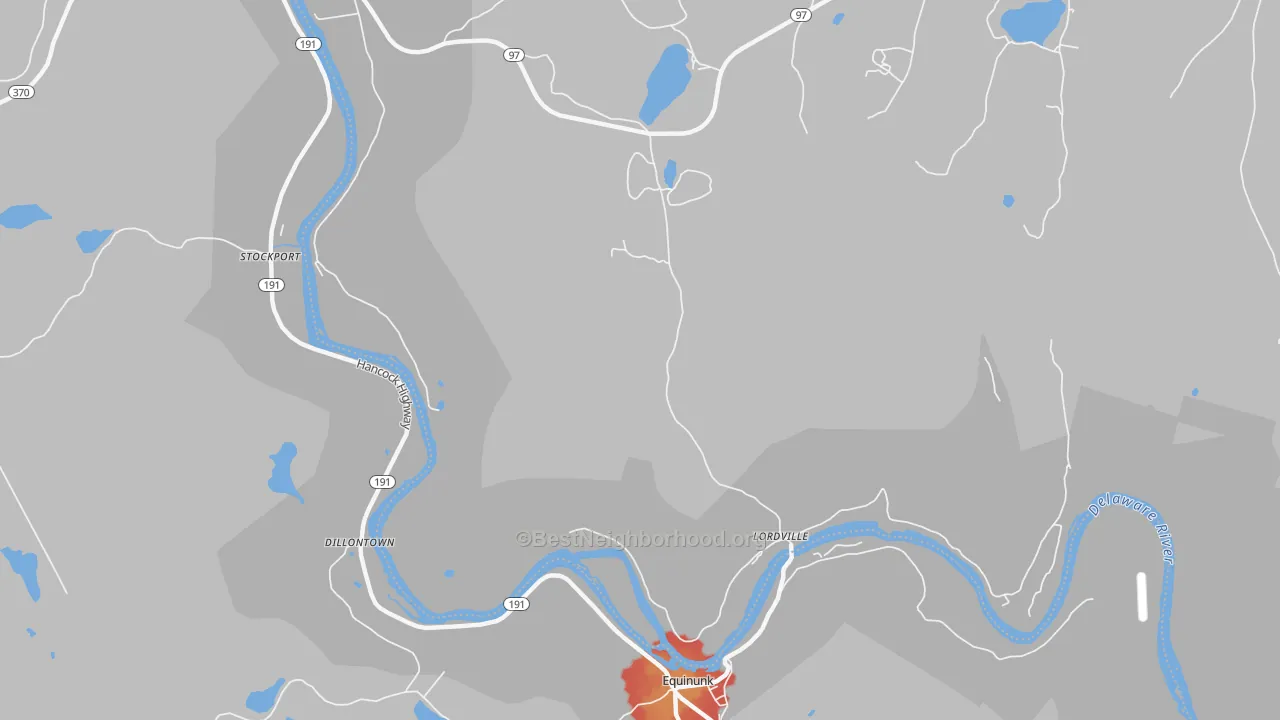 Walk Grade map of Lordville, NY, walkable areas in green and car-dependent areas in red